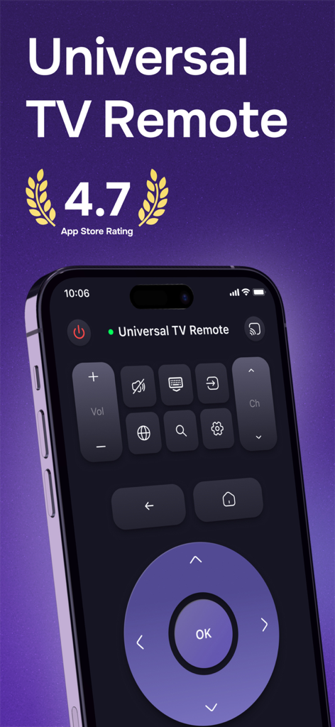 Smartphone screen showing the Flicky Universal TV Remote app interface with a 4.7 star rating
