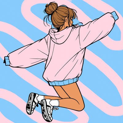 realistic girl jumping with a bun and oversized sweatshirt