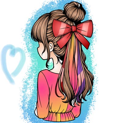 realistic girl  with hip length hair a bun and a big bow on the back of head