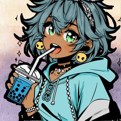 hot baddie anime girl drinking boba and biting the straw