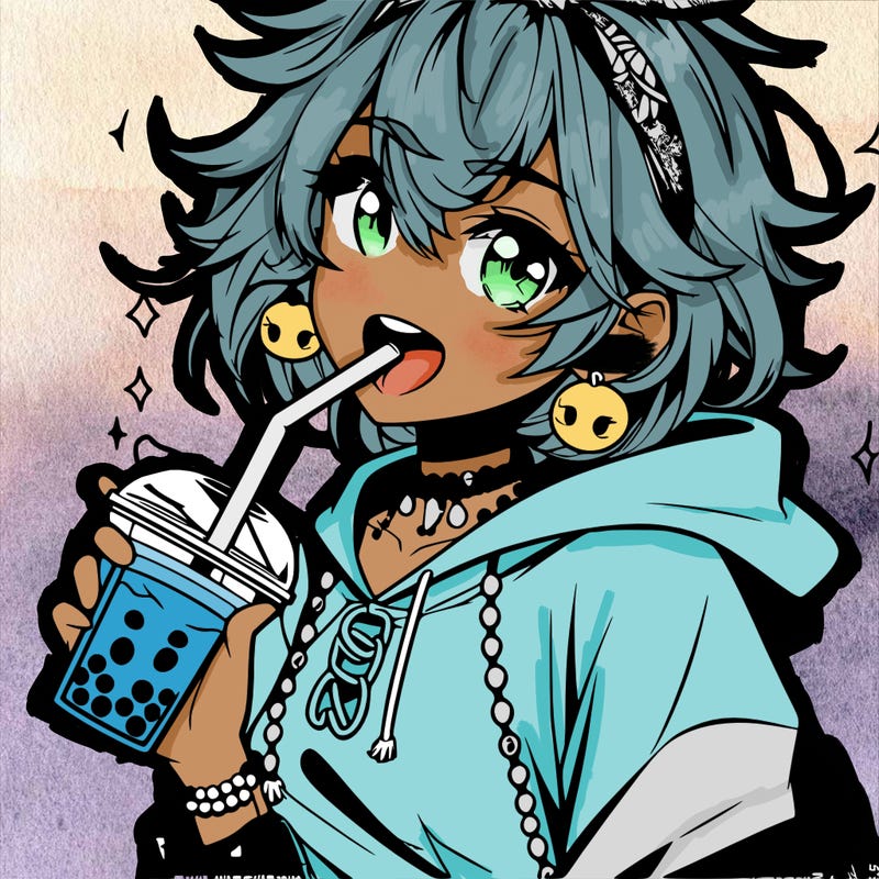 hot baddie anime girl drinking boba and biting the straw