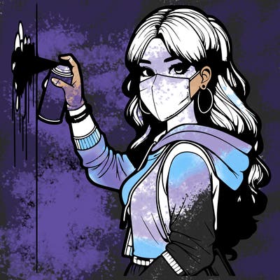 realistic girl with mask spray painting a wall