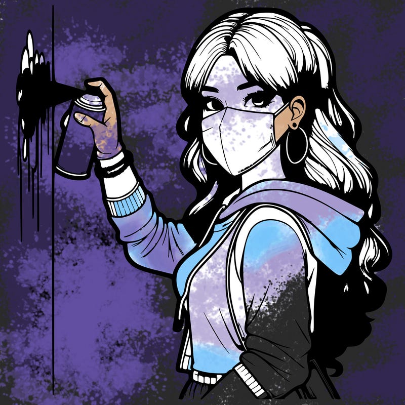 realistic girl with mask spray painting a wall