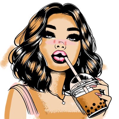 realistic girl with glossy lips holding boba