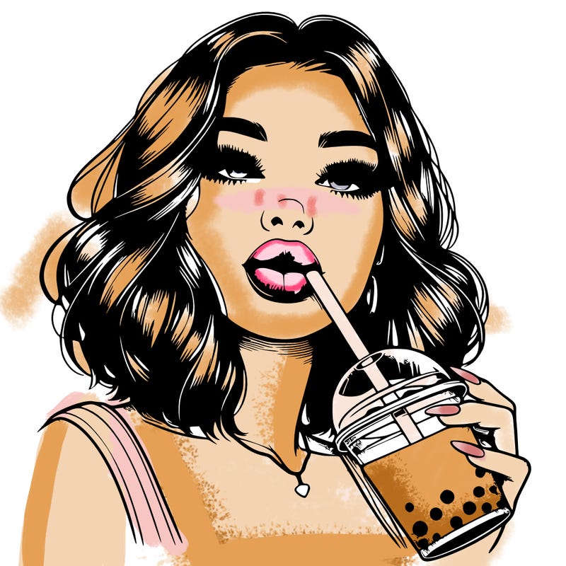 realistic girl with glossy lips holding boba