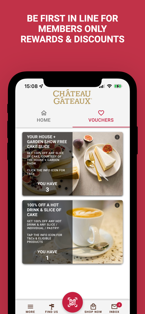 Chateau Gateaux mobile app displaying member loyalty rewards and vouchers for free cake and coffee