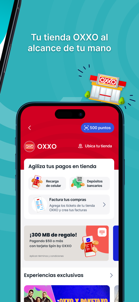 Spin Premia - Interface of Spin Premia app showing OXXO store integration for recharges and payments