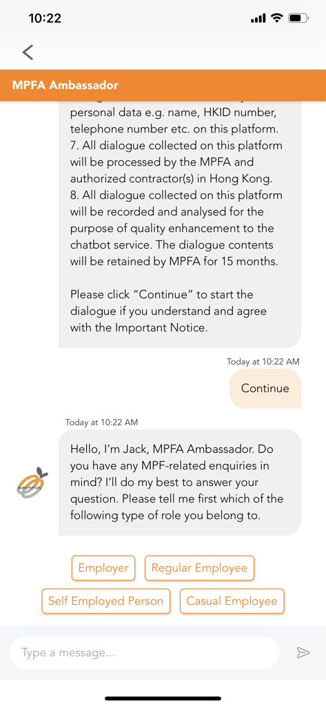 積金局個人帳戶電子查詢 (MPFA ePA) - 고용주 및 일반 직원 등의 옵션 중에서 사용자 역할을 묻는 MPFA 홍보대사가 표시된 MPFA ePA 앱의 챗봇 화면