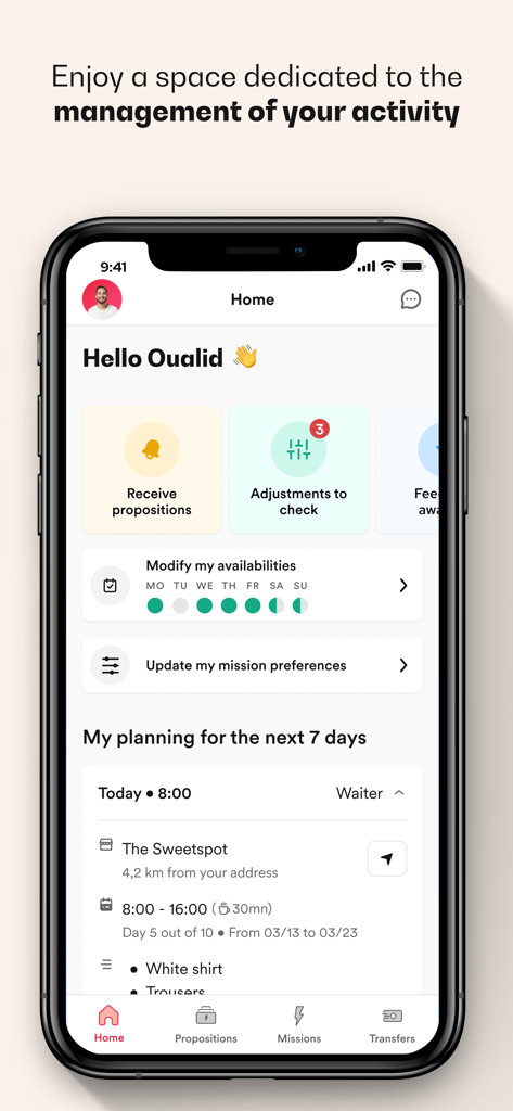 Brigad - Receive missions - Brigad app dashboard showing mission management and work schedule planning