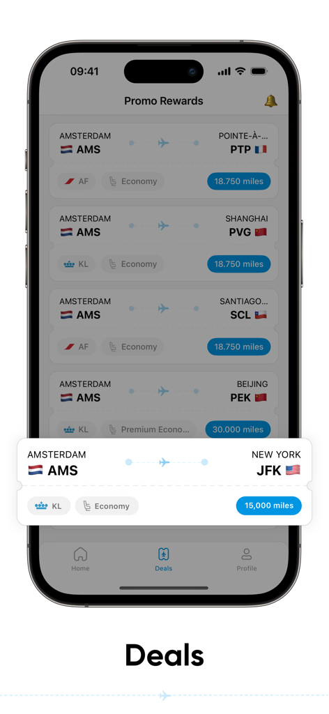 La interfaz de la aplicación Flying Blue muestra ofertas de vuelos de KLM y Air France de Ámsterdam a Nueva York por 15000 millas