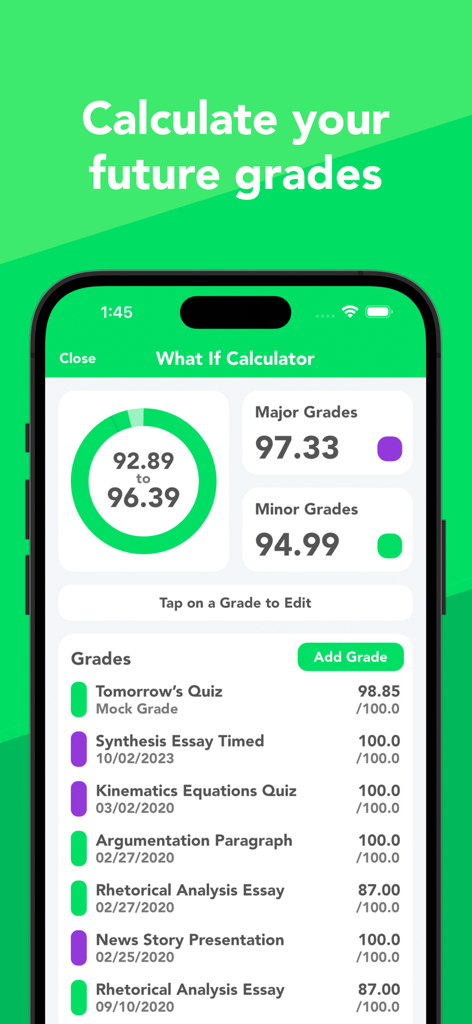Screenshot of the GradeWay app What If Calculator showing future grade predictions and mock assignments