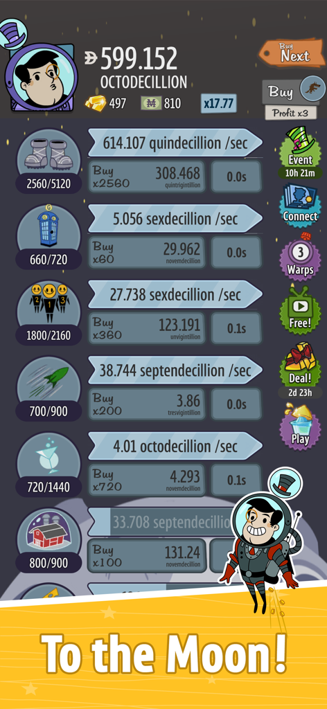 AdVenture Capitalist game screenshot showing the To the Moon expansion with lunar business investments and high profit metrics