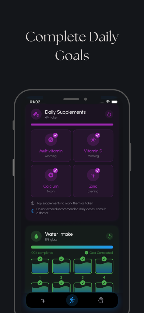 Longer - Height & Posture - Mobile app dashboard for tracking daily supplements and water intake progress