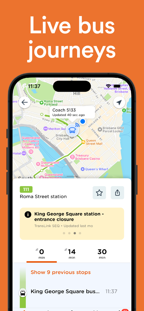 HopToIt: Oz Bus & Train Times - Écran de l'application mobile HopToIt montrant le suivi en direct d'un trajet en bus et des informations d'arrivée en temps réel à Brisbane.