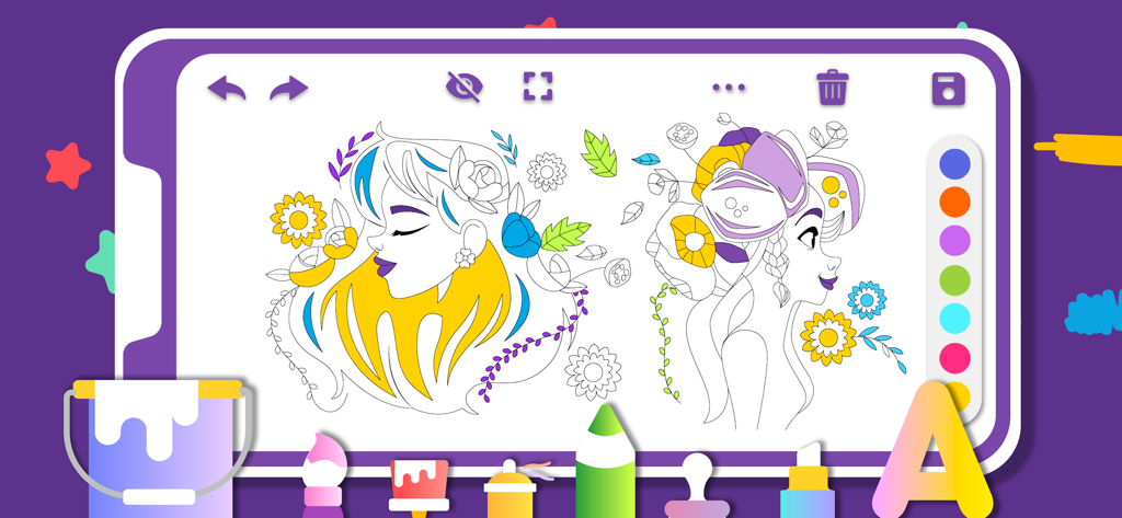 Happy Coloring Games: PlayTime - Happy Coloring PlayTime app interface featuring a floral coloring page and drawing tools