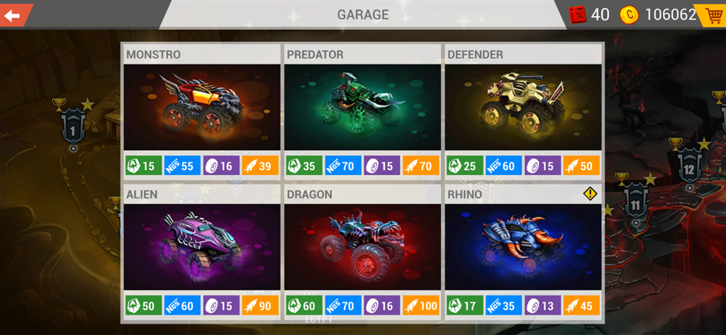 Mad Truck Challenge - Racing - Menu da garagem no Mad Truck Challenge exibindo seis caminhões monstro únicos, incluindo Monstro, Predador e Dragão, com suas estatísticas de combate e velocidade.