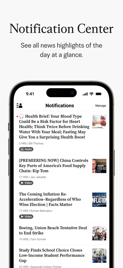 The Notification Center in the Epoch Times app showing a list of news highlights and headlines.