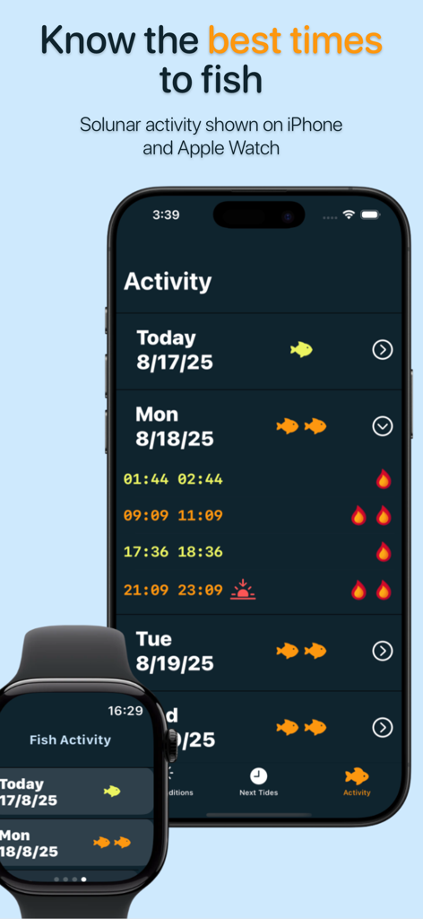 FisherPal: Fishing Forecasts - FisherPal app interface displaying solunar fishing activity forecasts on iPhone and Apple Watch