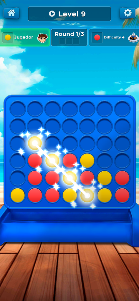 Four in a Row - 2 Player Games - Movimiento ganador en diagonal con fichas amarillas en un juego de mesa móvil Cuatro en Línea.