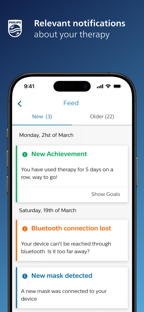 DreamMapper App-Oberfläche, die einen Feed relevanter Therapiebenachrichtigungen und Erfolge auf einem Smartphone anzeigt