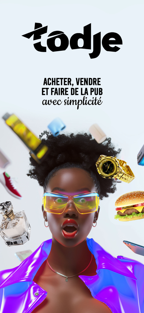 Todje - Todje app promotional banner showing a woman with floating products for buying and selling