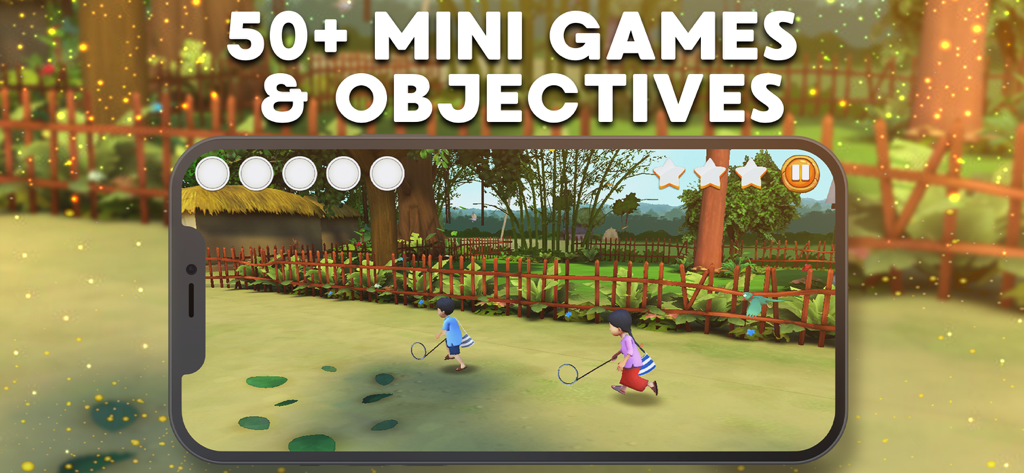 Meena Game 2 - Una captura de pantalla de la aplicación móvil Meena Game 2 con dos niños corriendo en un paisaje de aldea 3D con texto sobre minijuegos