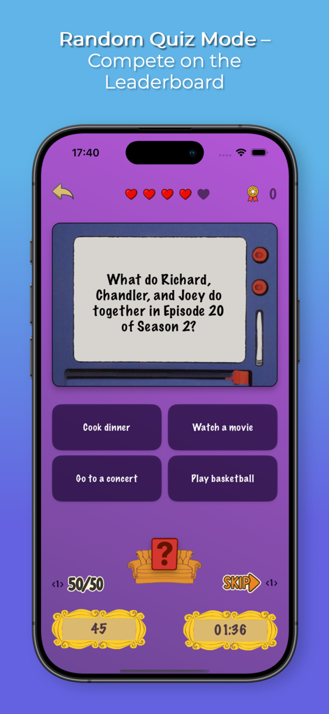 Friends trivia quiz screen featuring a question about Richard Chandler and Joey with multiple choice answers