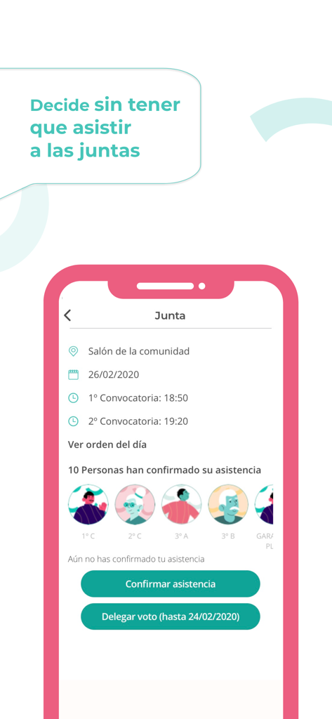 TucomunidApp - HOA 회의 세부 정보 및 투표 옵션을 보여주는 모바일 앱 화면
