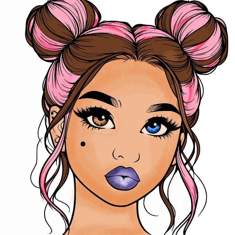 realistic girl with two buns on her hair and lips