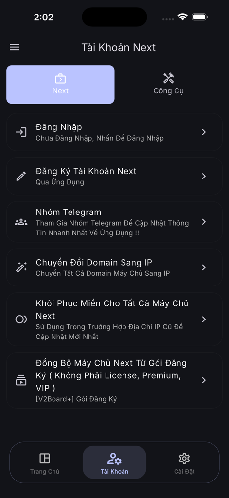 Platform Next - Unlimited VPN - Account management and network utility screen of the Platform Next VPN app