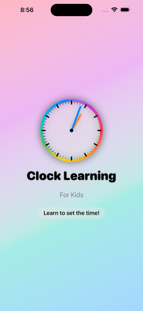Clock Learning Hero - Home screen of the Clock Learning Hero app for kids featuring a colorful analog clock