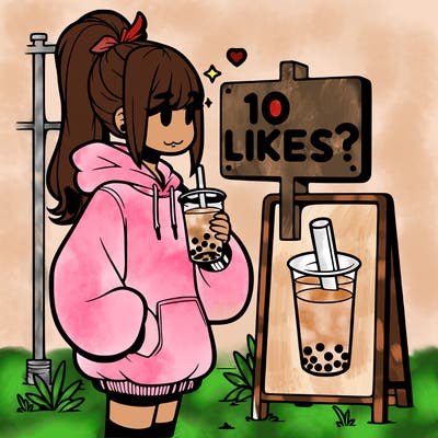 girl with oversized hoodie drinking boba and she has a high ponytail with a sign that says 10likes?