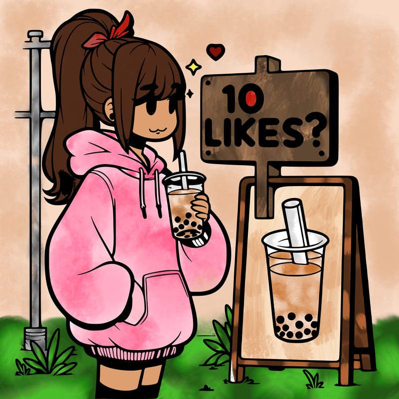 girl with oversized hoodie drinking boba and she has a high ponytail with a sign that says 10likes?