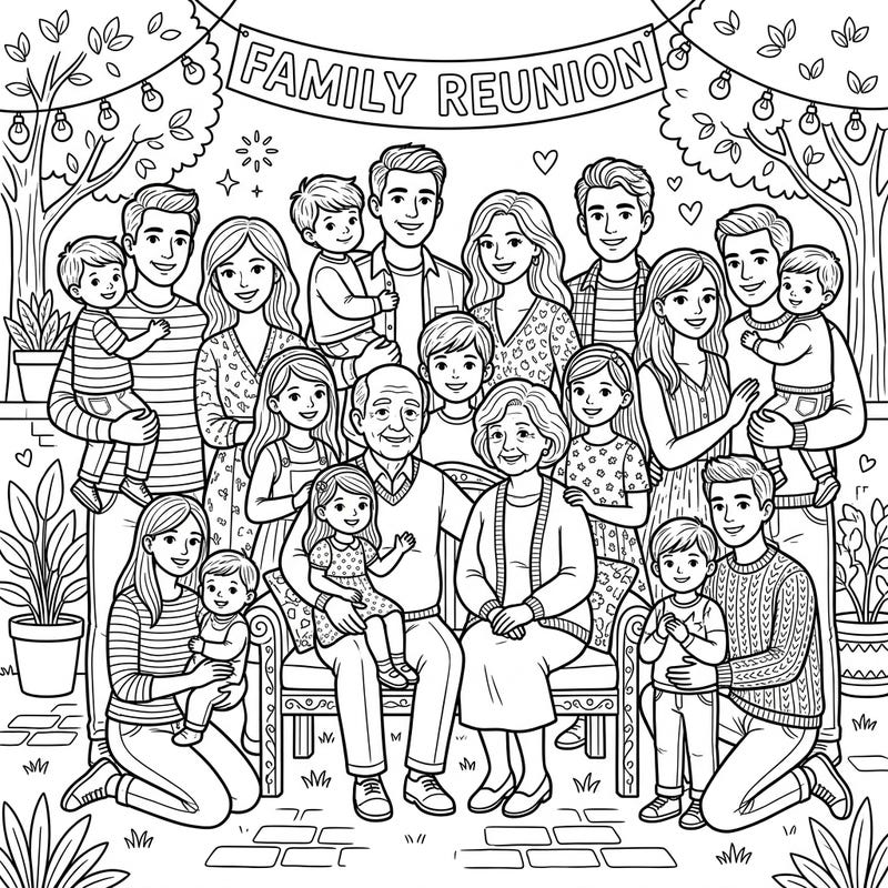 Capture the joy of togetherness with this beautiful family reunion coloring page. Featuring multiple generations posing happily, it's a wonderful activity to share with your loved ones.