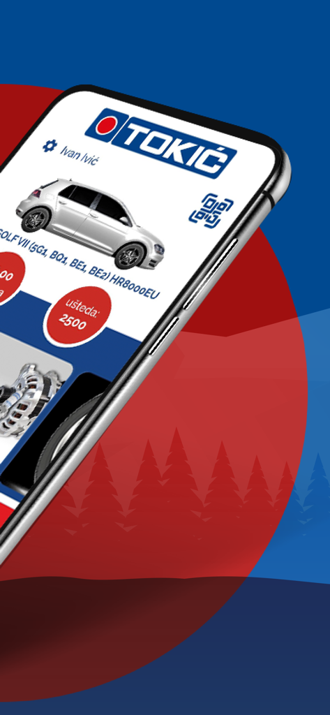 Tokić - Smartphone screen displaying the Tokic automotive loyalty app with vehicle info and reward points.