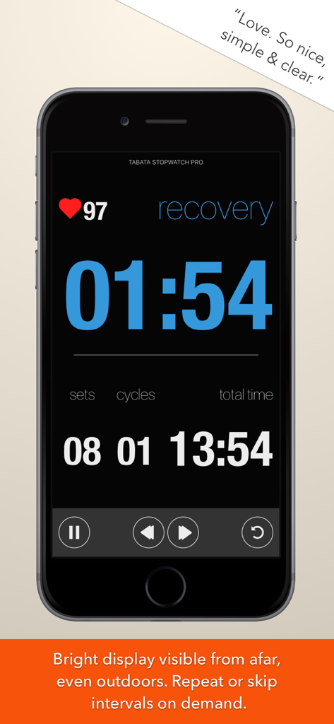 Tabata Stopwatch Pro app on iPhone showing a recovery interval with heart rate monitoring and large countdown timer.
