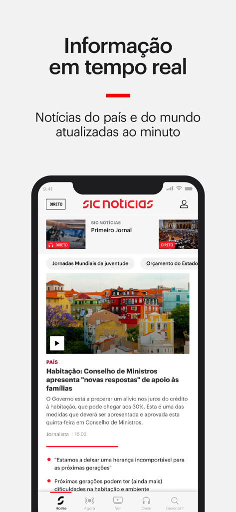 SIC Notícias - Interface do aplicativo de notícias em tempo real SIC Noticias exibindo feed de notícias e manchetes portuguesas em tempo real em uma tela de smartphone.