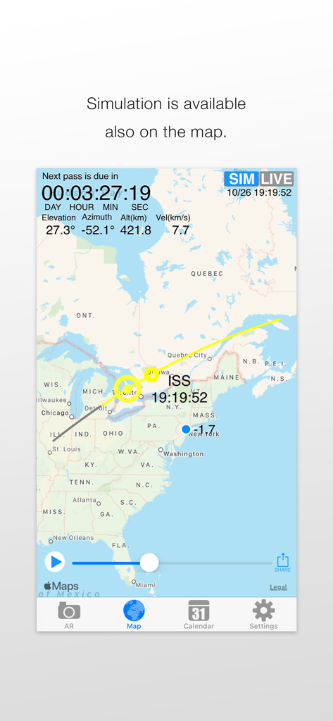 SpaceStationAR - A map interface in SpaceStationAR showing the International Space Station flight path over North America