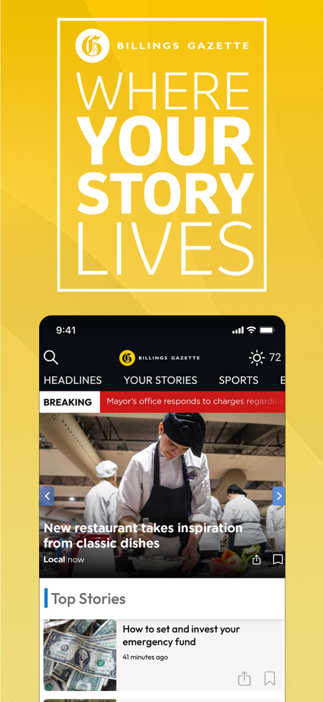 Billings Gazette - Billings Gazette mobile app displaying headlines and local news stories.