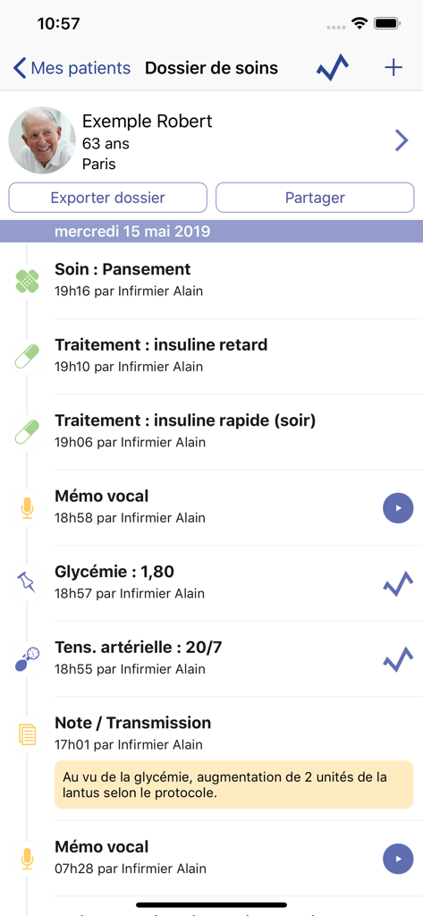 AlbuSoins - Mobile interface of AlbuSoins showing a patient care record with a timeline of medical treatments and health monitoring data