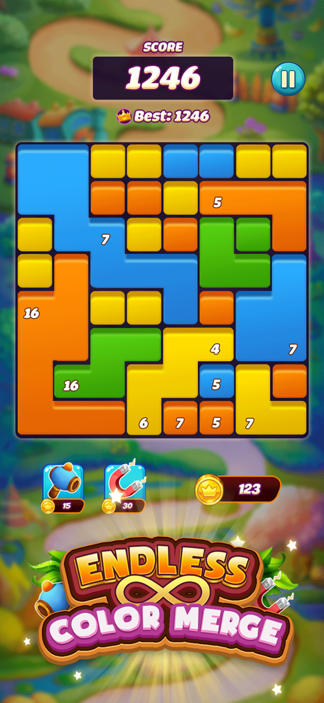 Offline GameHub: No Wifi Games - Captura de pantalla del juego de puzzles Endless Color Merge con bloques coloridos y fichas numeradas