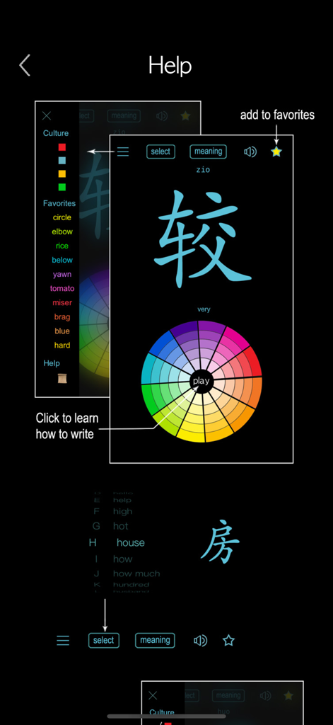 Sichuanese - Chinese Dialect - 즐겨찾기에 단어를 추가하는 방법과 획 가이드 휠을 사용하는 방법을 설명하는 쓰촨어 학습 앱의 도움말 화면.