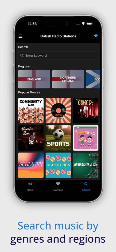 UK Radio Stations app interface displaying a search bar with options to browse by UK regions and popular genres like sports and comedy.