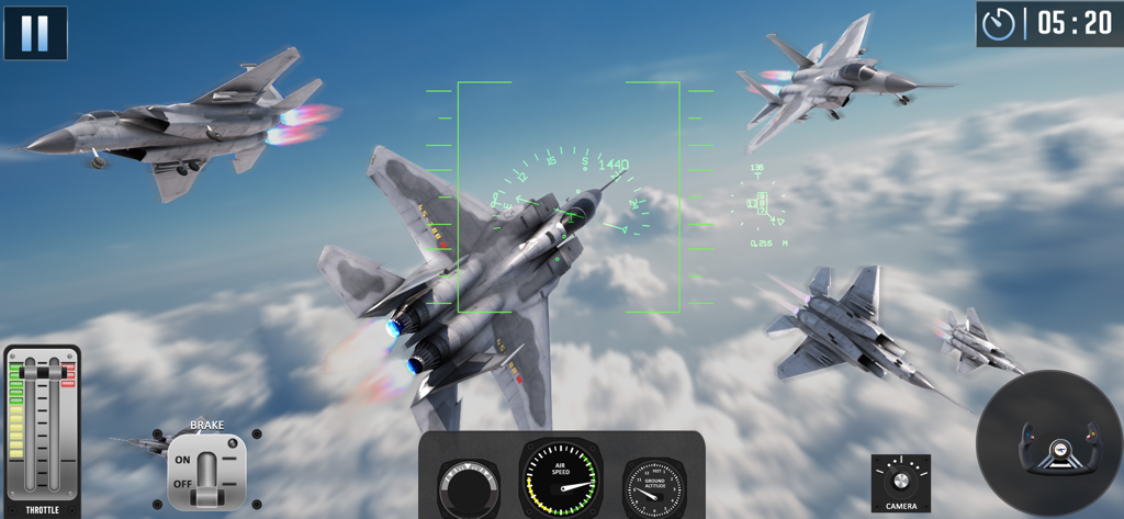 Plane Simulator: Plane Games - Gameplay screenshot of fighter jets in aerial combat above clouds with cockpit controls and HUD