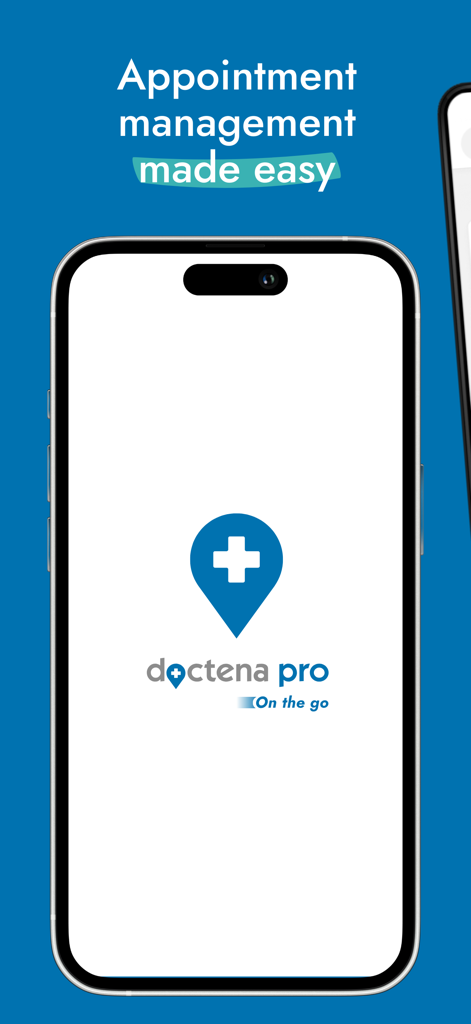 Doctena Pro mobile app splash screen displaying the tagline Appointment management made easy