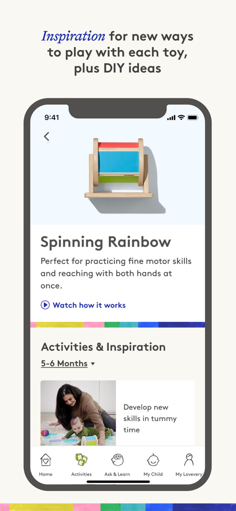 Lovevery: Baby & Toddler App - Interfaccia dell'app Lovevery che mostra un giocattolo Spinning Rainbow e attività di sviluppo per neonati