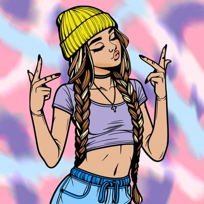 realistic teenage girl with braids and a beanie and crop top doing 🫶🏼