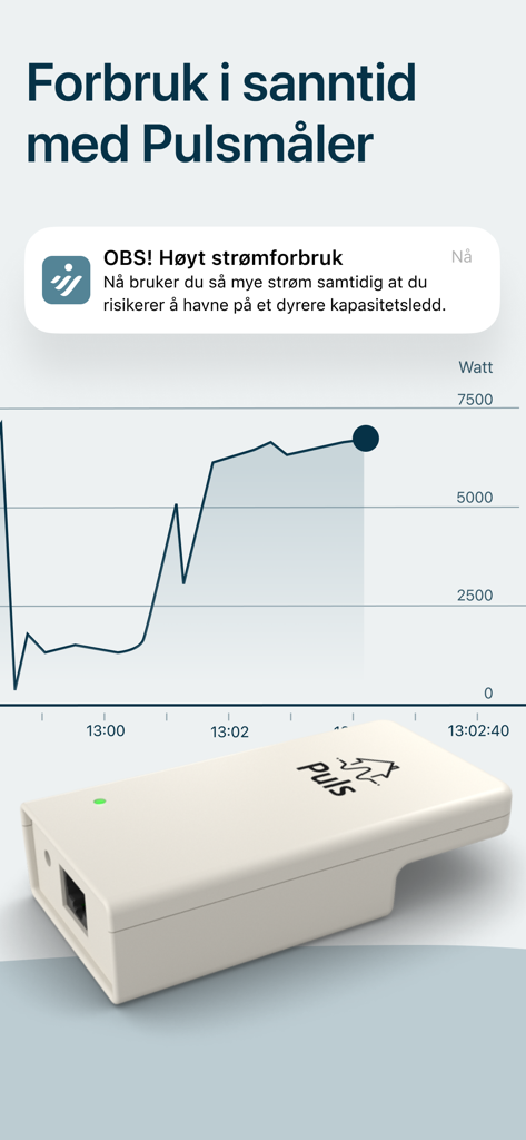 Real-time energy consumption graph with a high usage alert and Puls meter device in the VEV Strom app