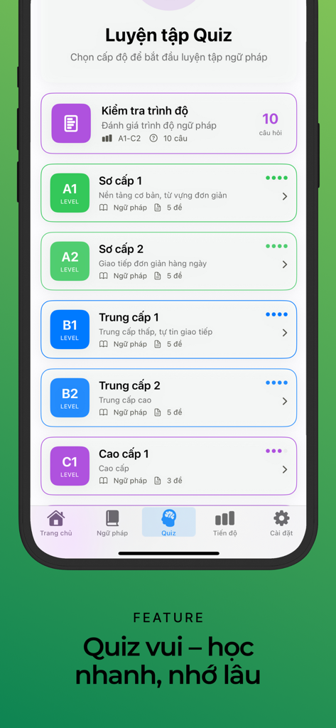 Pantalla de selección de cuestionarios de gramática de MonGram English con niveles A1 a C1 para estudiantes vietnamitas.