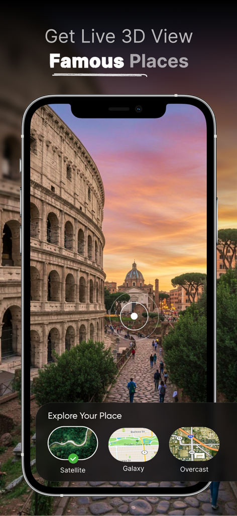 Live Earth Map - Live Camera - Tela do iPhone mostrando uma visualização 3D do Coliseu no aplicativo Live Earth Map